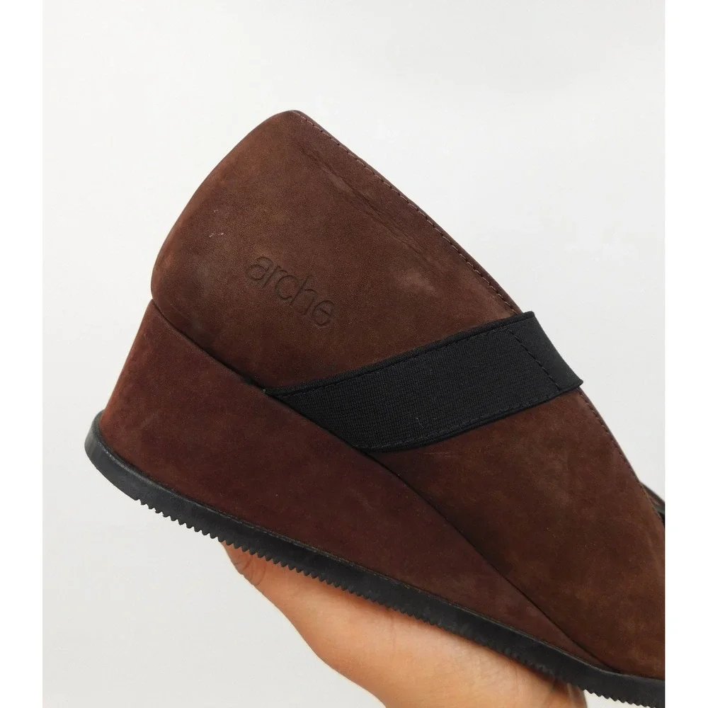 Arche Brown Nubuck Leather Wedge Pumps Black Elastic Straps‎ France Womens 37